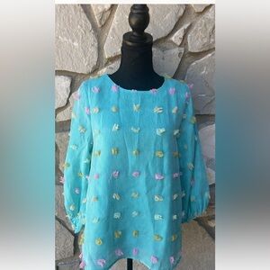Jodifil Top Blouse XS S Spring Swiss Dot Textured Turquoise Blue Lined EC‎